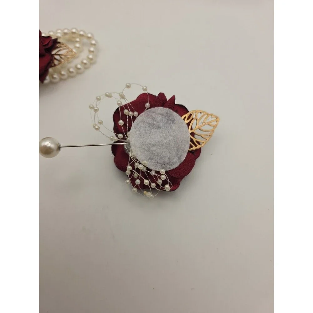 2Pcs Burgundy Rose Corsage and Boutonniere Set, Artificial Wrist Corsage Wristle